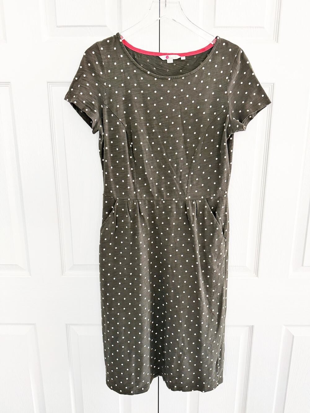 Boden Phoebe Day Dress Green Polka Dot Cotton Sheath Dress Pockets Preppy Twee